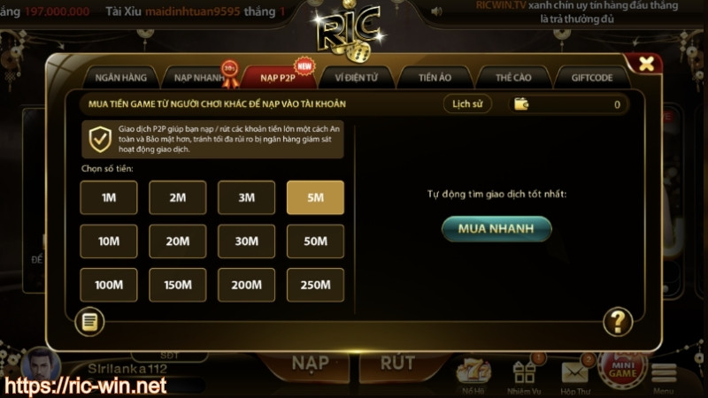 Hướng dẫn nạp tiền RICWIN qua cổng P2P